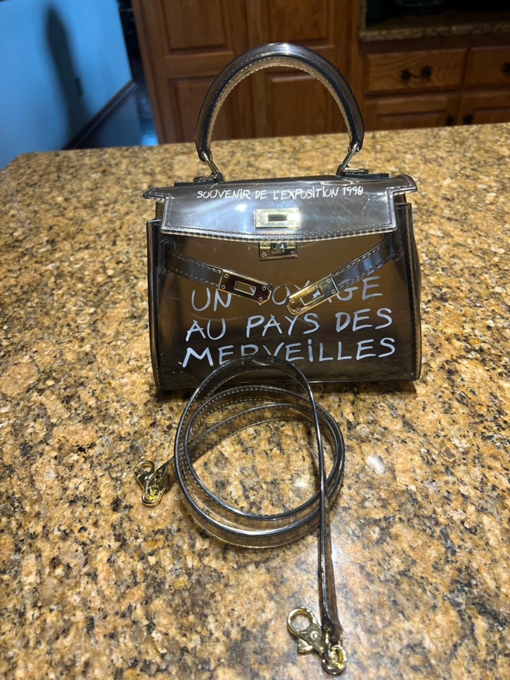 Clear Metallic Top-Handle Crossbody Bag with French Script
